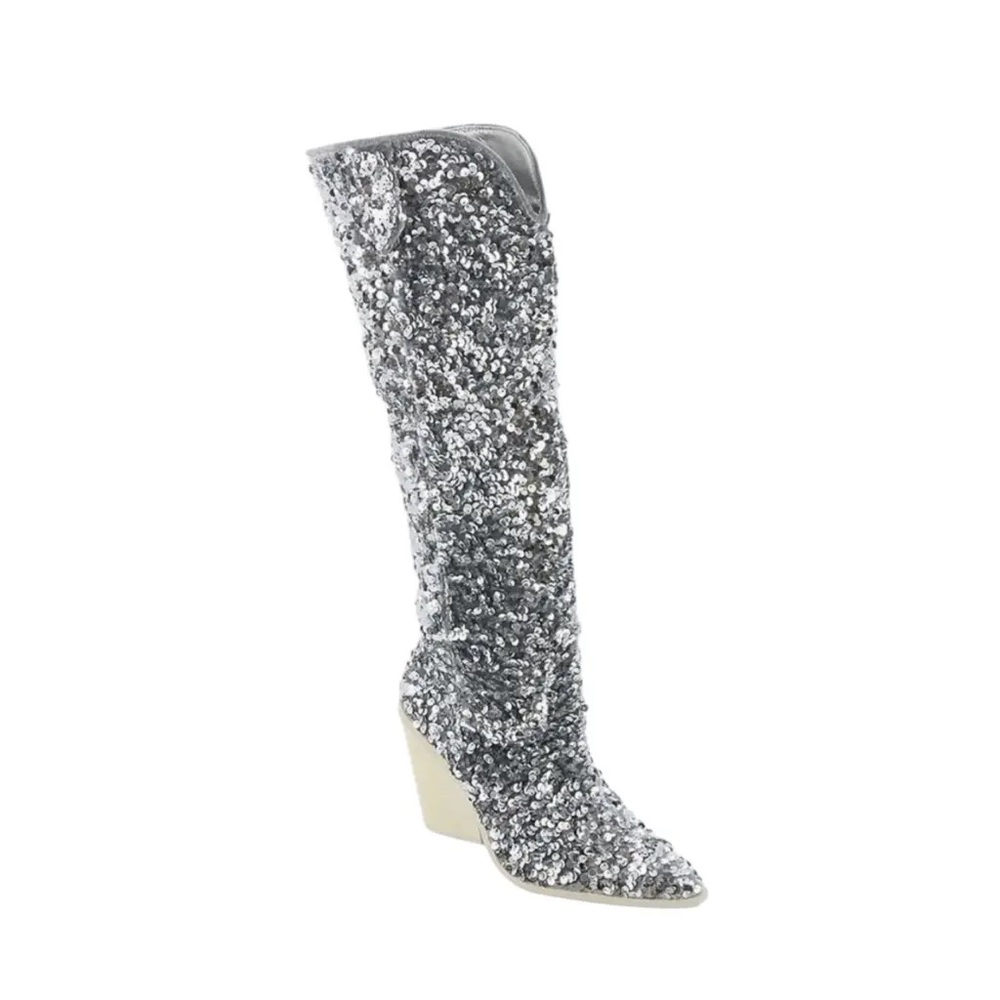 Steve Madden hi heel Boots Tyrus silver Sequin - size 6! NEW! - Picture 9 of 9